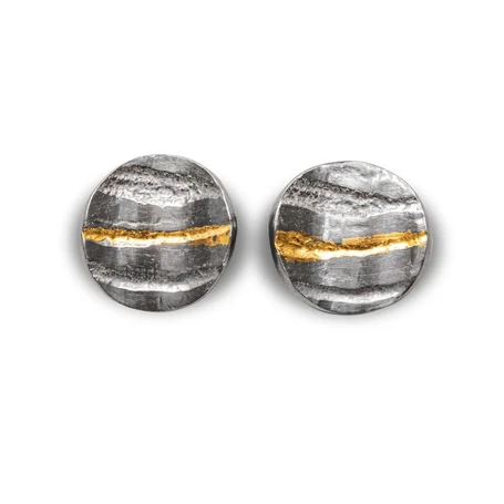 Oxidised recycled silver concave textured striped small studs with gold