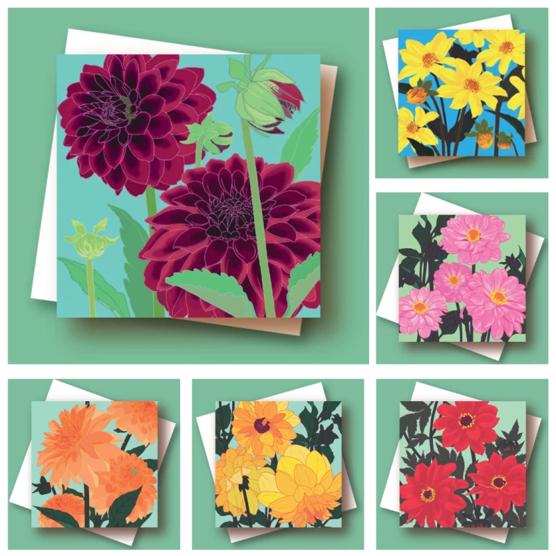 Six colourful Dahlia Cards