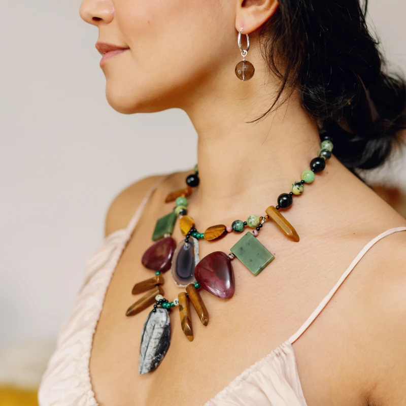 Earth Element necklace, Smoky Quartz Hoop earrings