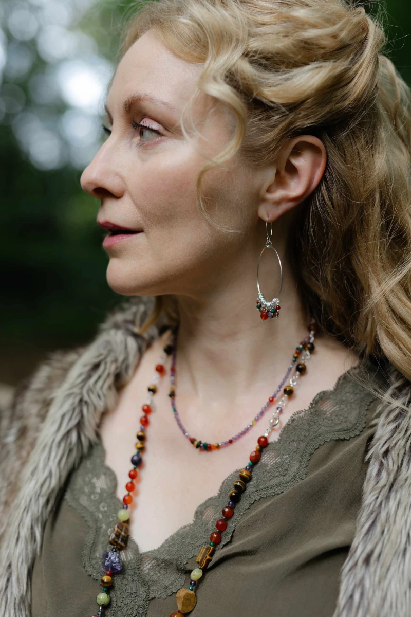 Daybreak earrings, Fragment necklace, Earth Treasure necklace. Russet colourway.