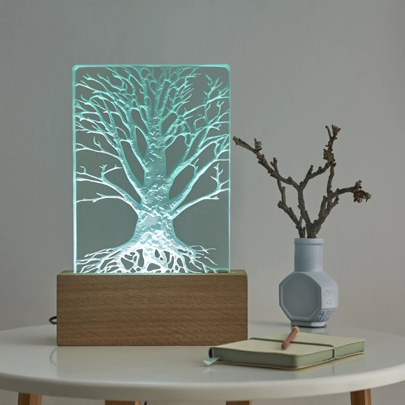 Engraved Glass Tree Design LED Table Lamp