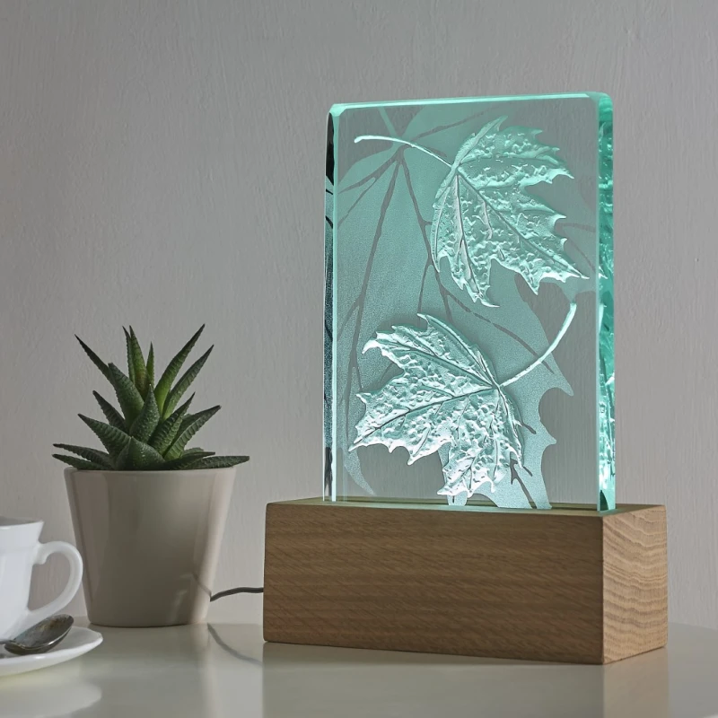 Engraved Glass Leaf Design LED Table Lamp