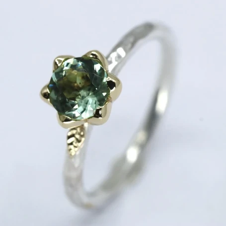 Silver Bloom ring with 9ct yellow gold head and green tourmaline