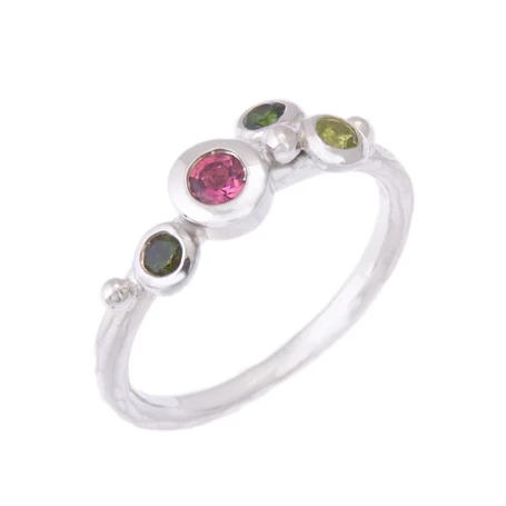 Silver enchanted spring bud ring with pink & green tourmaline and peridot