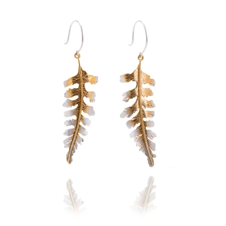 Frosted Fern Large Silver Hook Statement Earrings With Ombre Gold Plate