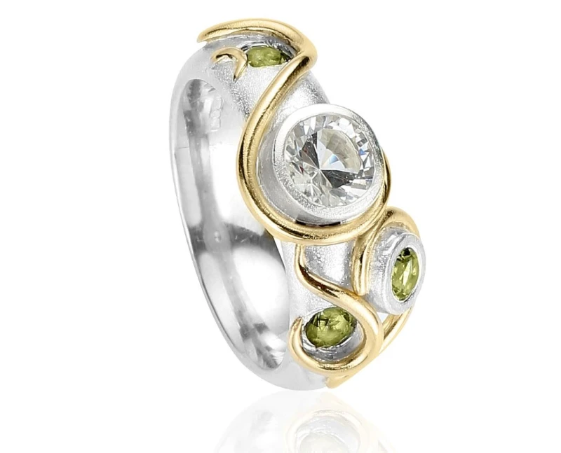 Silver and18ct organic dress ring with moissanite and peridots