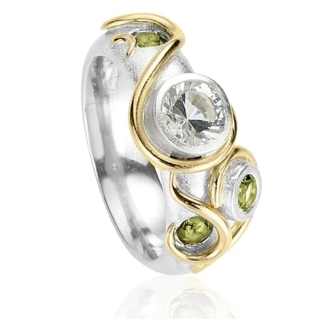 Silver and18ct organic dress ring with moissanite and peridots