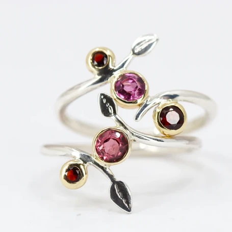 Recycled silver, garnet and tourmaline stacking rings