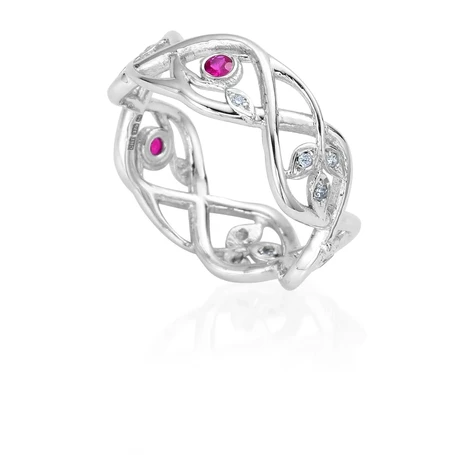 White gold and ruby entwined branch wedding ring