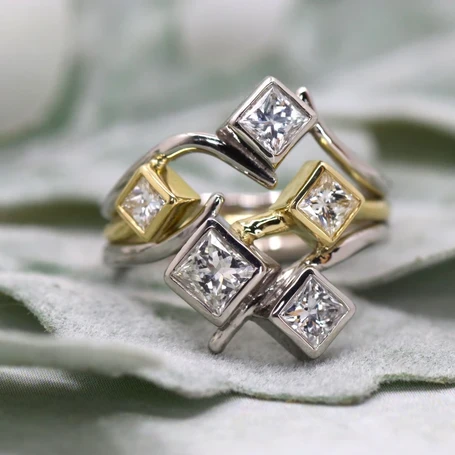 Recycled sentimental palladium and18ct yellow gold ring, princess cut diamonds