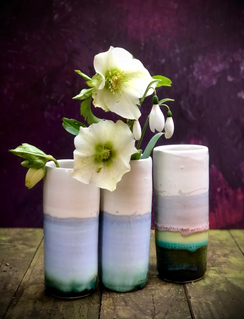 Horizon Vases with snowdrops and hellebores