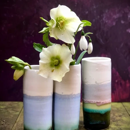 Horizon Vases with snowdrops and hellebores