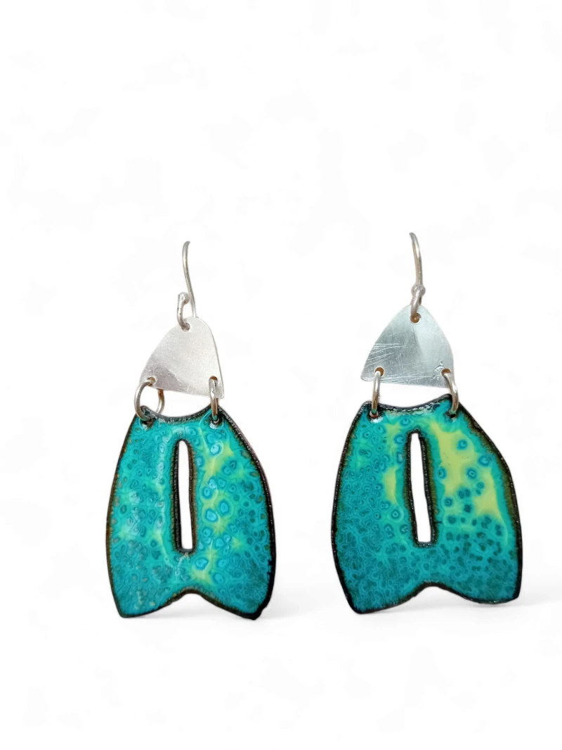 Hand cut crackle glazed enamel and Stirling silver earrings