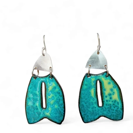 Hand cut crackle glazed enamel and Stirling silver earrings