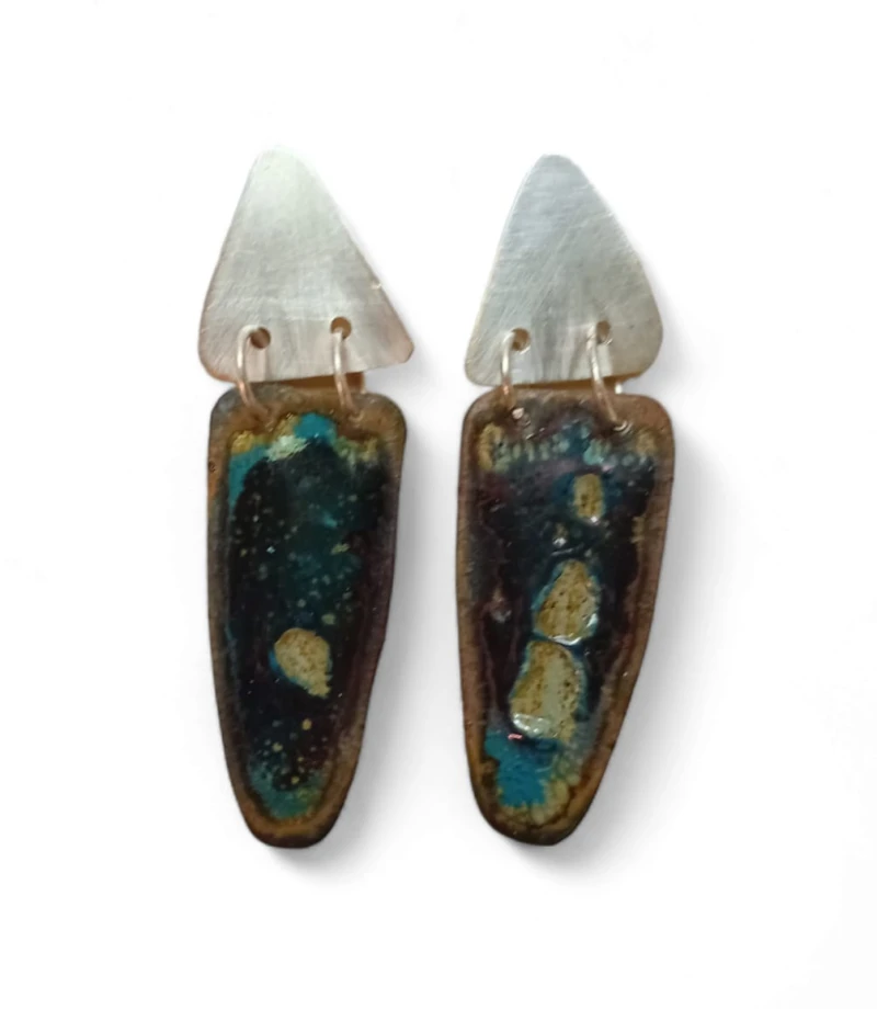 Hand cut Raku enamel and Silver earrings