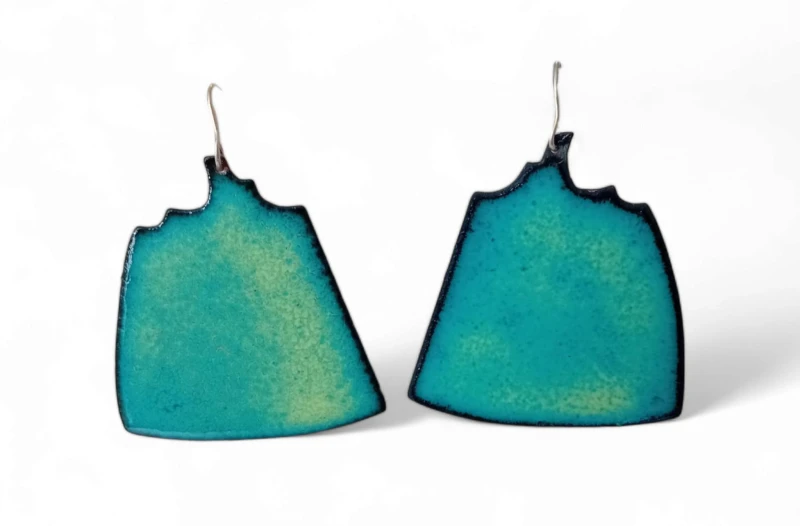 Hand cut enamelled copper earrings with Stirling silver ear wires