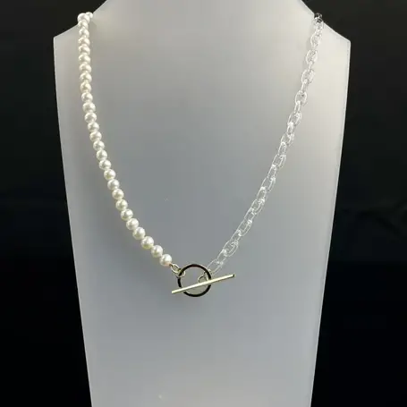 Freshwater Pearl and Glass Chain T.Bar Necklace