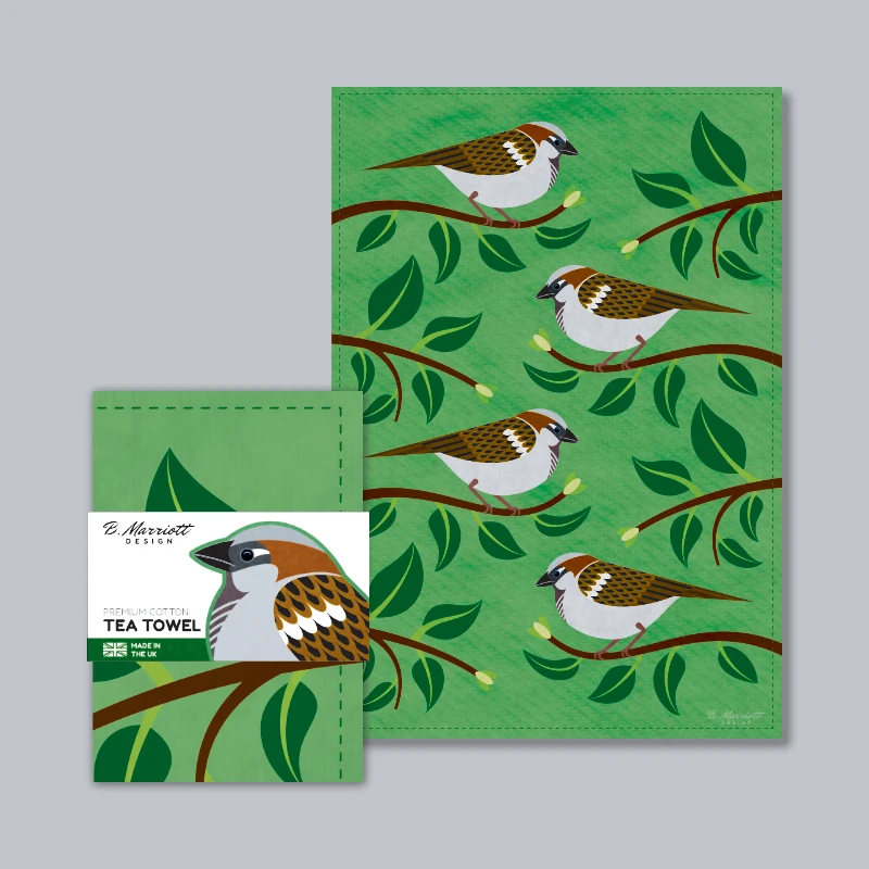 House Sparrows In A Hedge - Luxury Decorative Wildlife-Themed Tea Towel