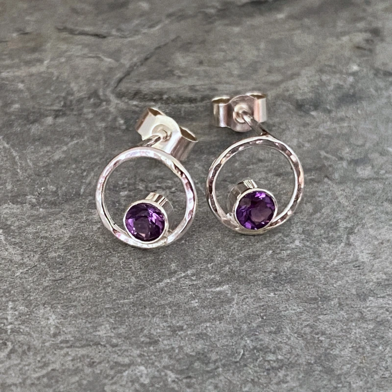 Tiny silver circles studs with amethyst stones