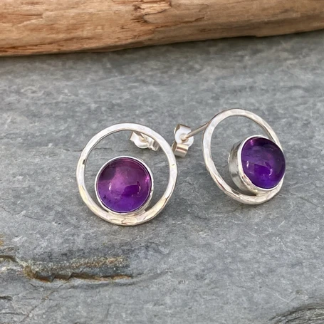 Sterling silver circle stud earrings with amethyst stones
