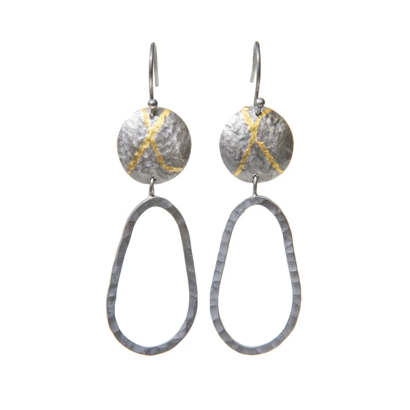 Long drop statement earrings, oxidised with gold k