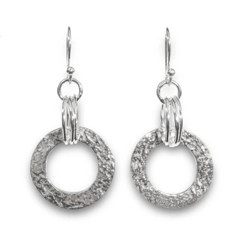 Silver textured circle drop earrings