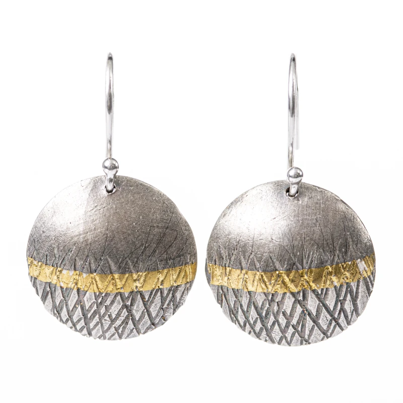 Textured silver drop earring, with a 24carat gold 