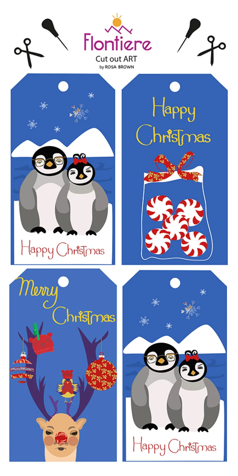 Christmas Penguins, sweets, Reindeer Tags Set of 4