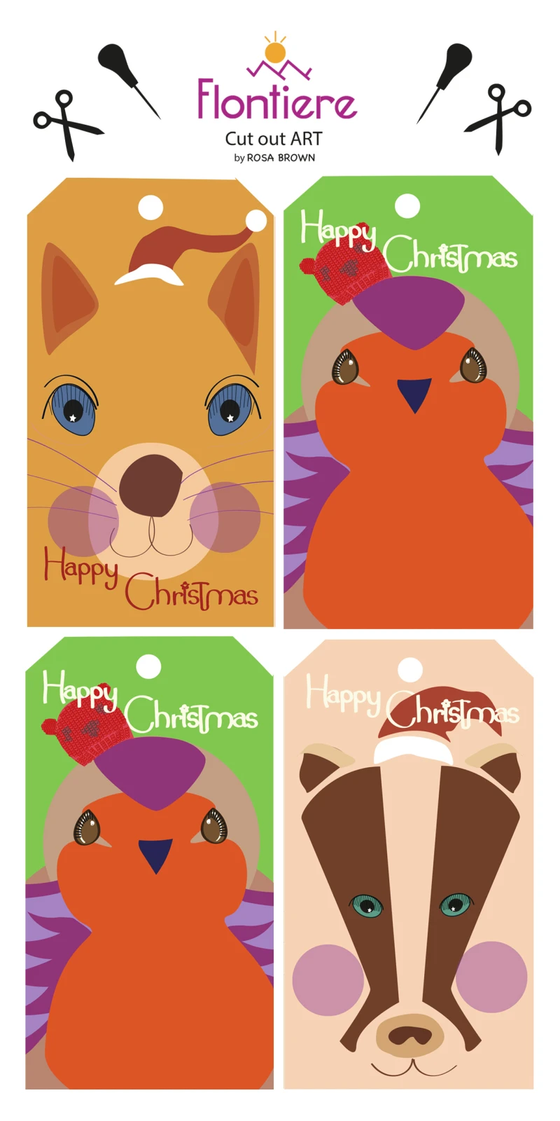 Christmas wildlife Faces Tags Set of 4